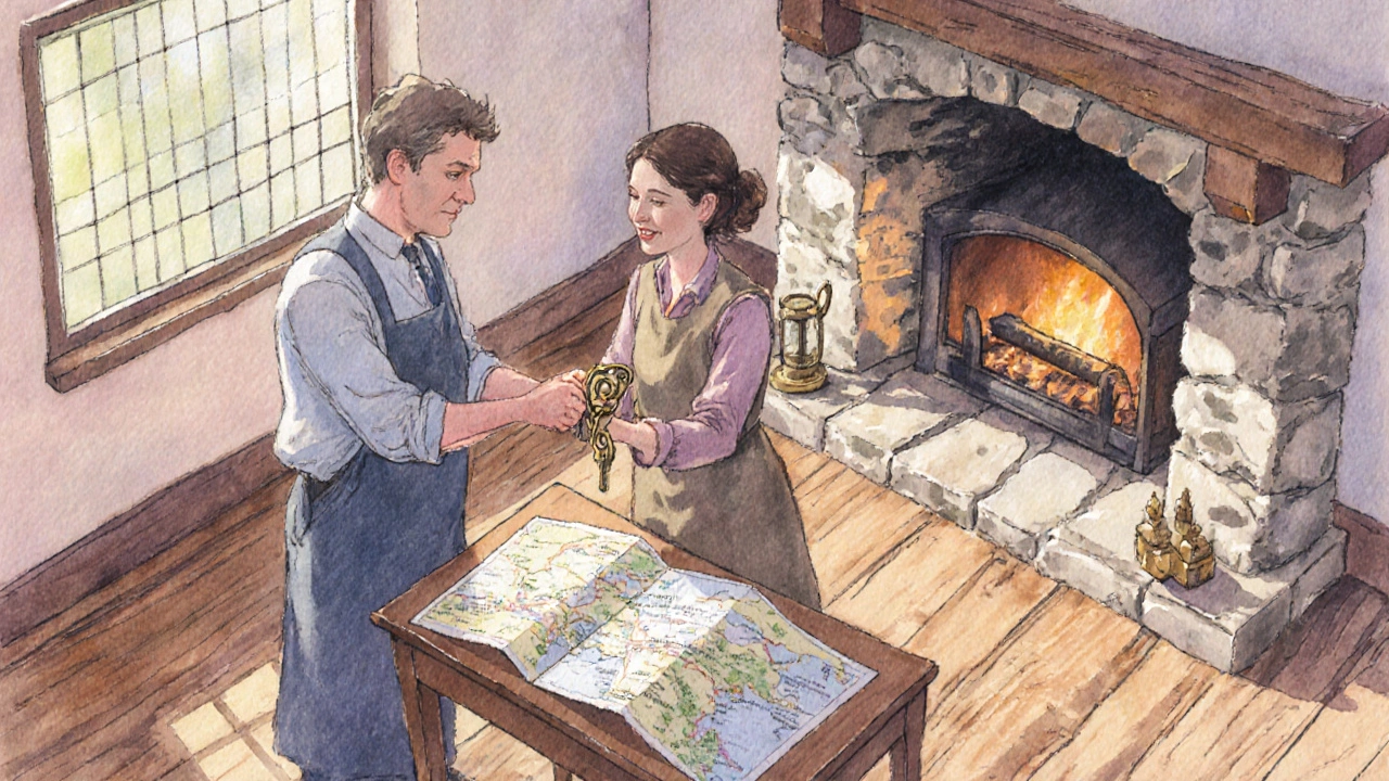 A cottage interior where an owner hands keys to a traveler beside a local map.