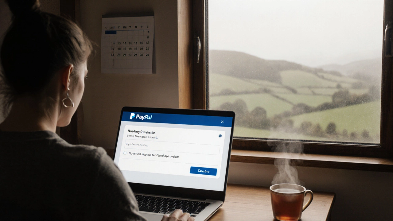 A traveler reviewing a booking contract on a laptop with a payment icon and a calendar nearby.