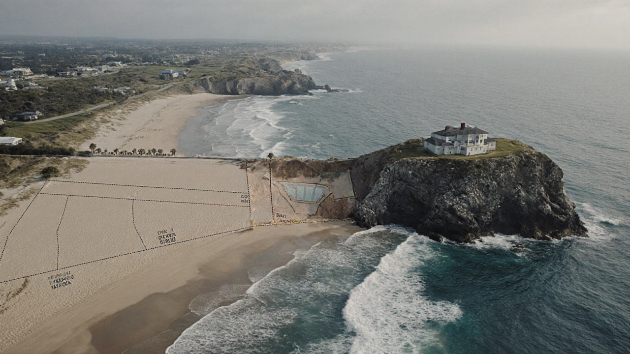 Aerial view contrasting beachfront sand property and cliffside oceanfront parcel.