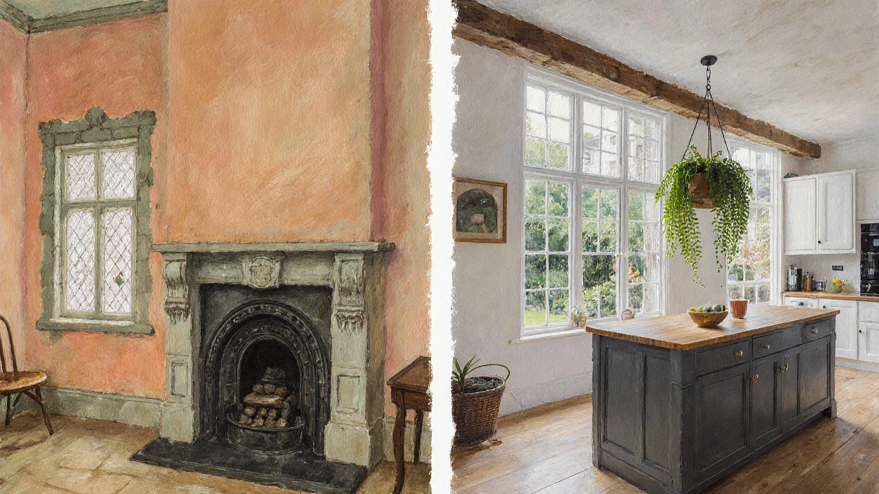 Before‑after illustration of a Devonshire cottage showing classic vs new cottage style renovation.