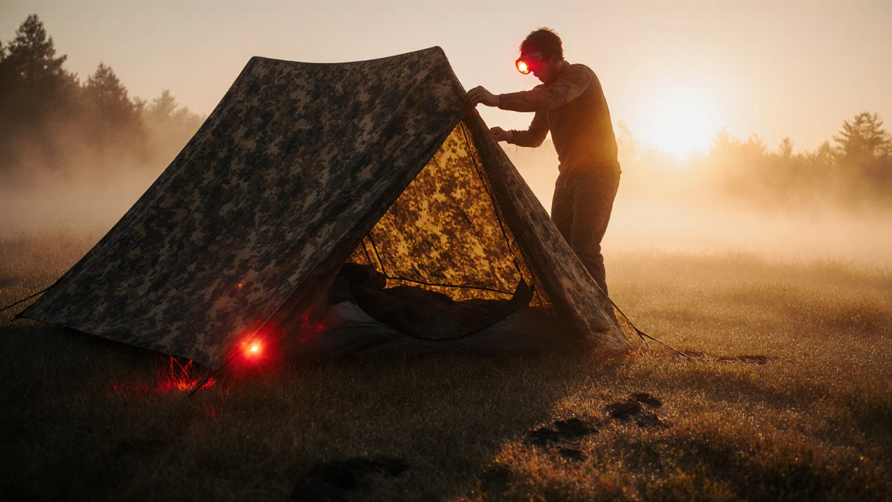 Camper dismantling a tarp at sunrise, leaving only faint footprints in soft light.