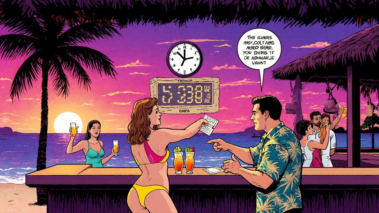 Comic‑style scene of a guest enjoying free premium drinks during happy hour.