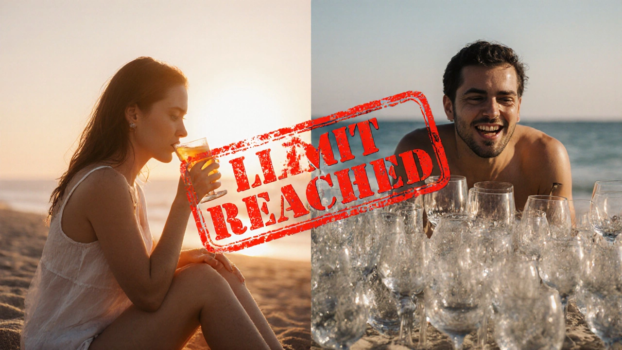 Contrasting images of a relaxed guest enjoying one sunset cocktail versus another overwhelmed by empty glasses.