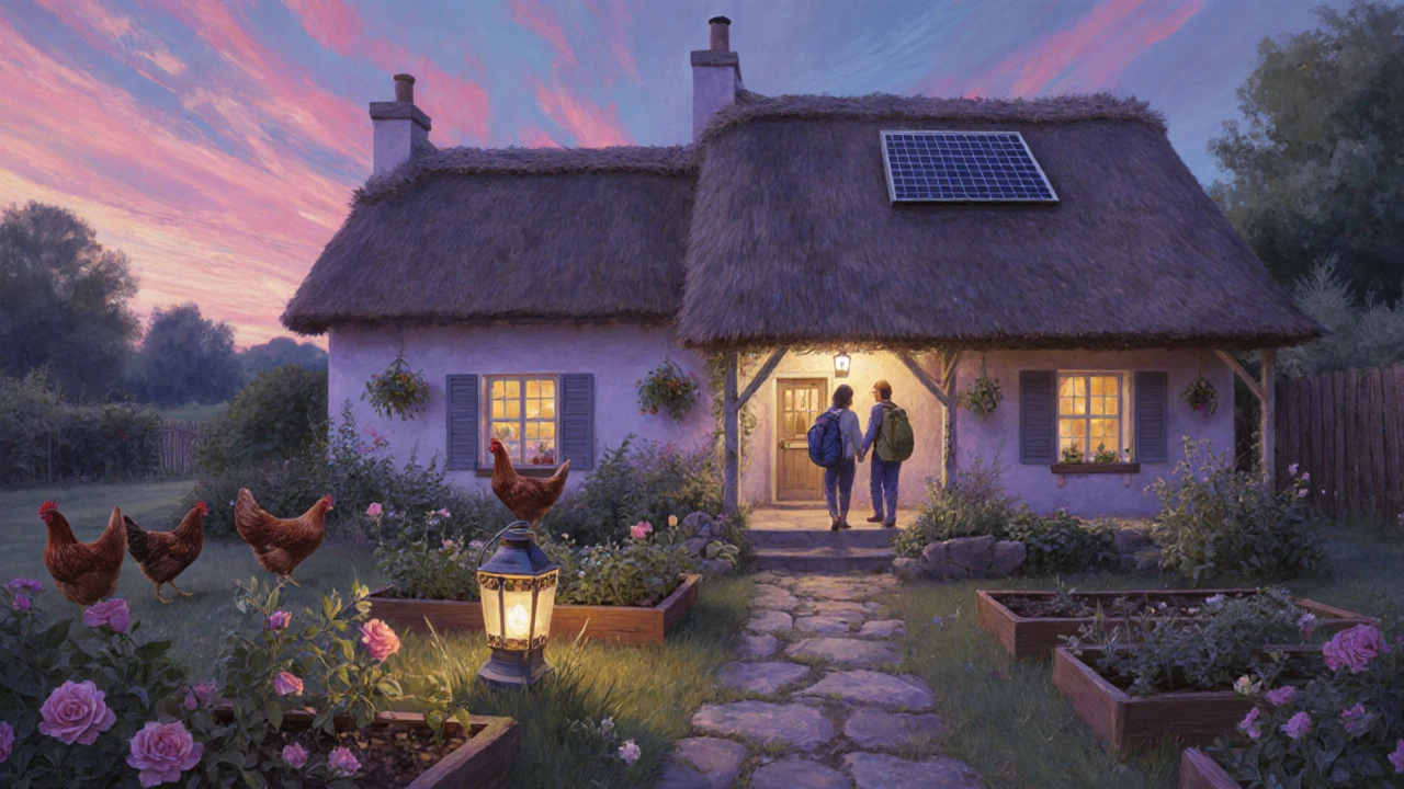 Cottage B&B at dusk with garden, chickens, solar panel and guests arriving.