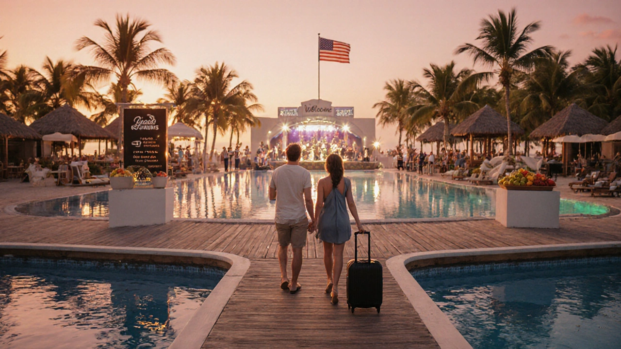 Couple arriving at a beachfront resort at sunrise, with pool, dining area, and eco badge visible.