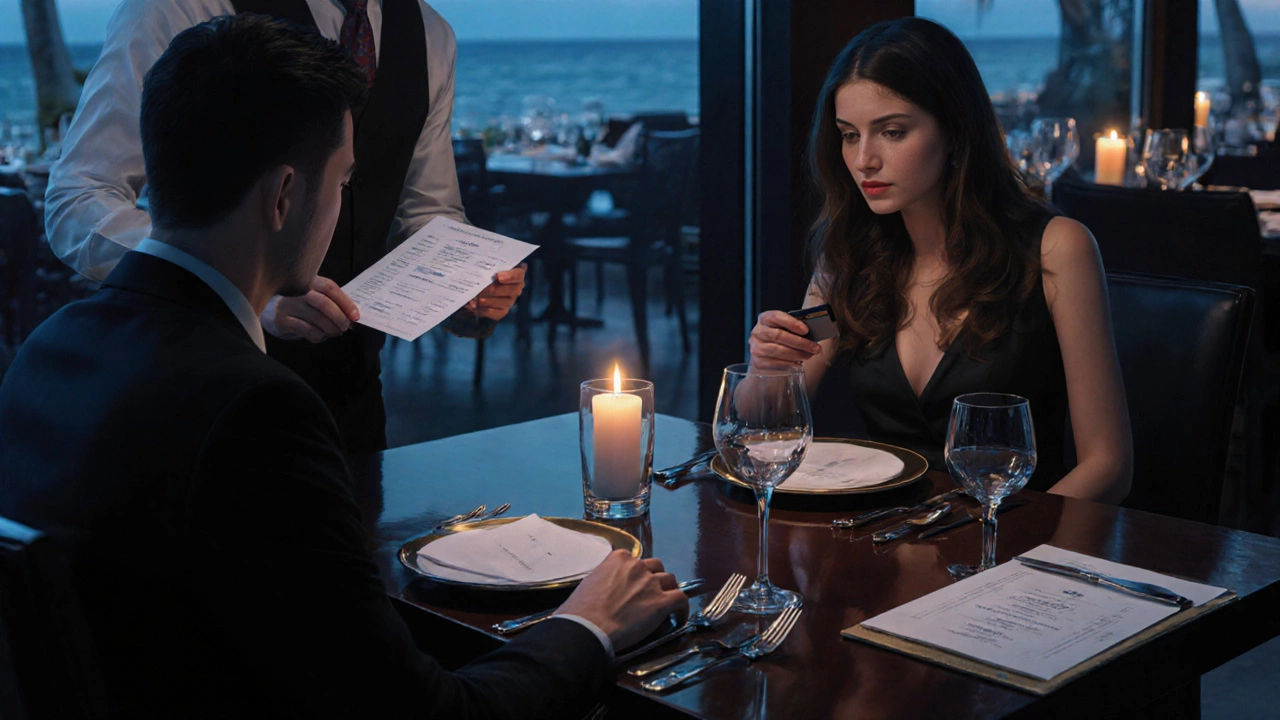 Couple looking at a bill in an upscale specialty restaurant.