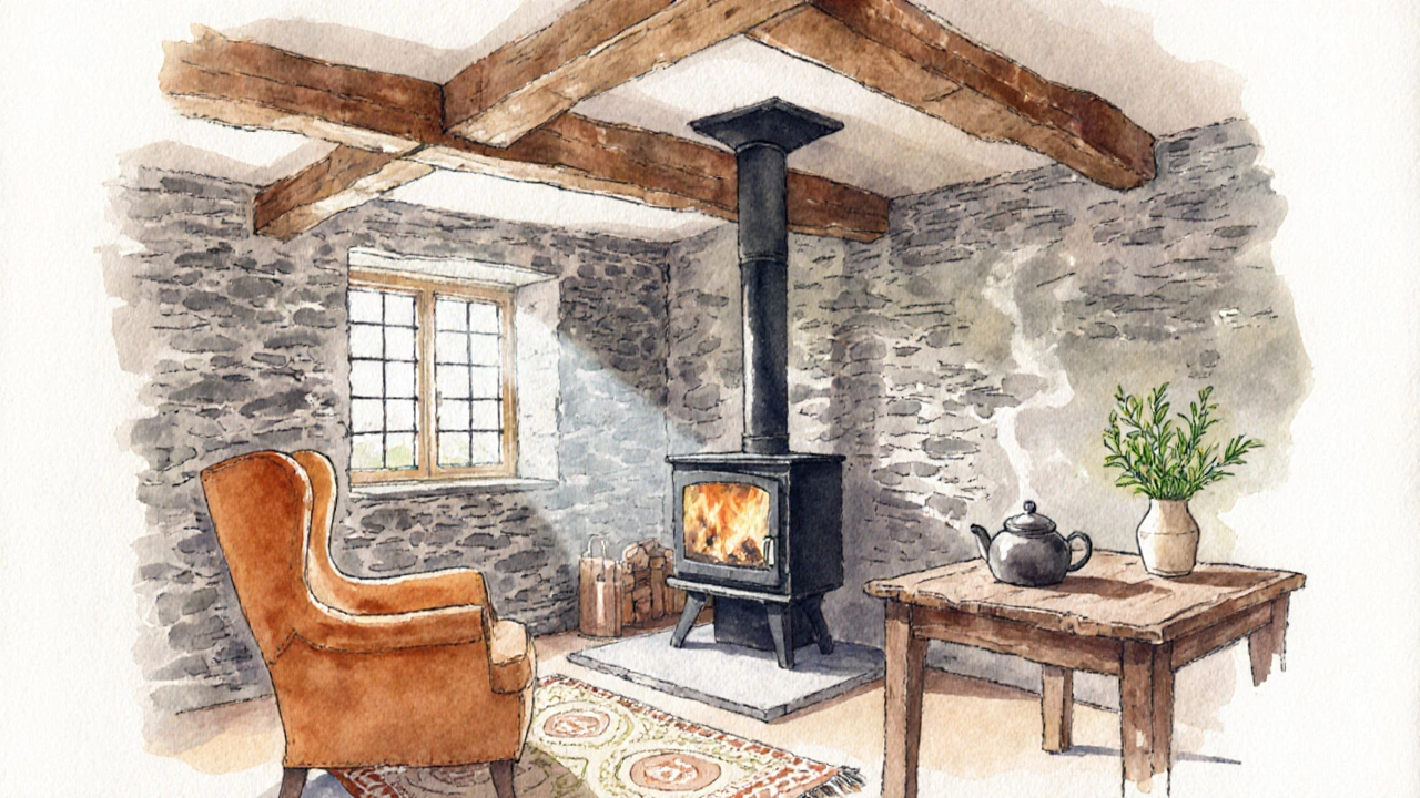 Cozy cottage interior with timber beams, stone walls, and a wood stove.