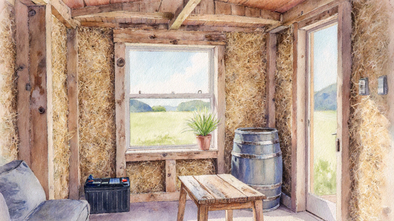 Cozy interior of a tiny eco cottage with reclaimed timber, large window, and battery unit.
