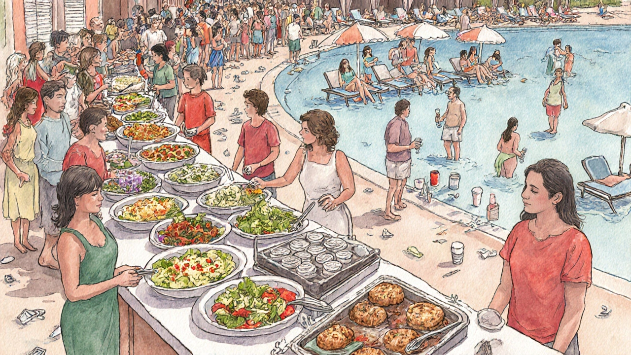 Crowded pool and buffet with long lines, wilted salads, and scattered plastic waste.