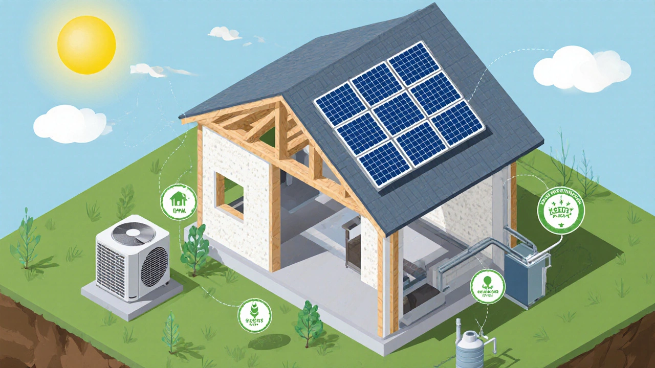 Cutaway view showing sustainable timber, ICF walls, solar panels, and heat pump.