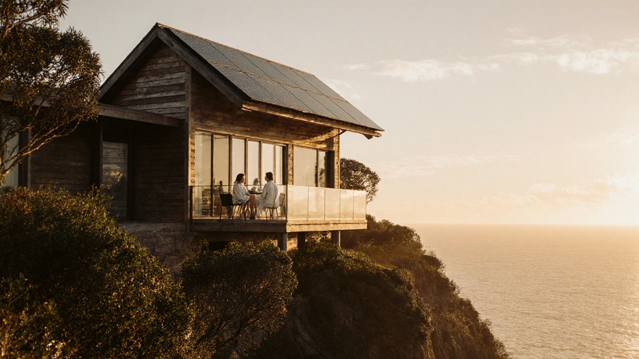 Eco-friendly love hotel on a cliff with solar panels, couple on balcony at sunrise.