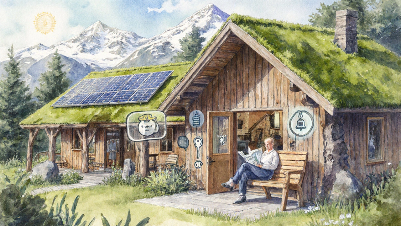 Eco‑heritage lodge in the Alps with timber building, solar panels, digital key, and storytelling ambience.