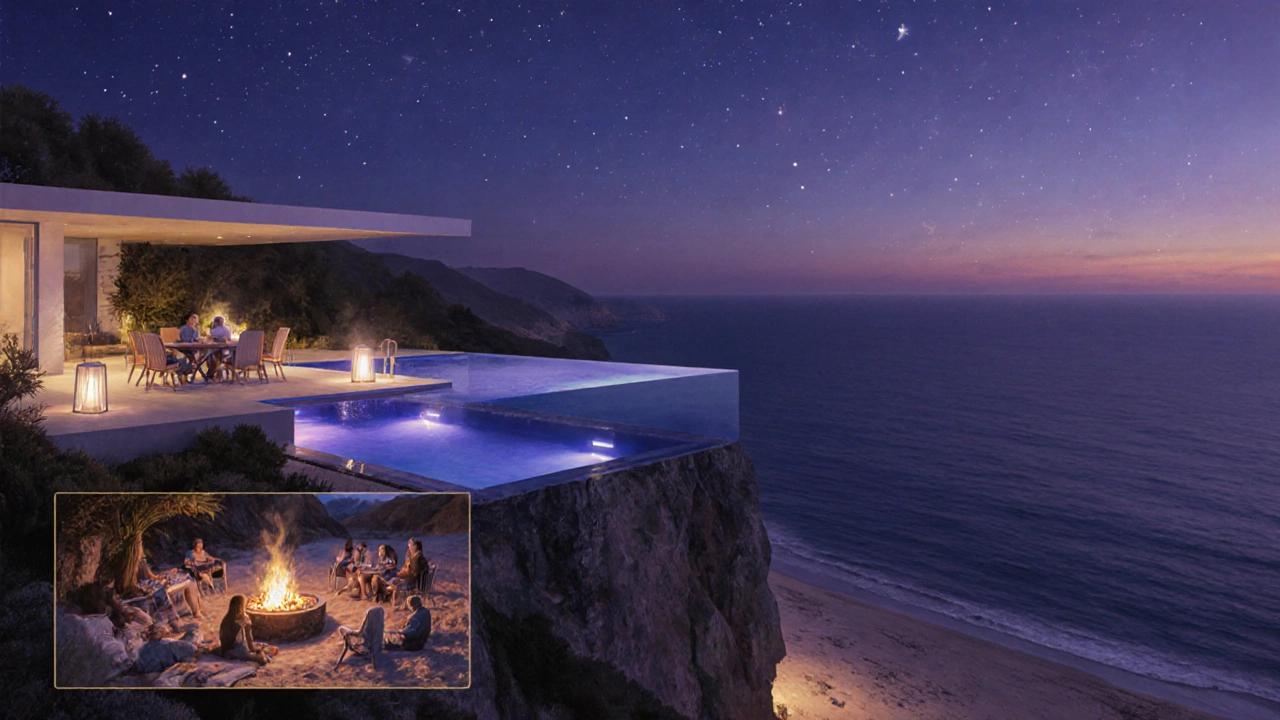 Evening scene showing a cliff‑edge infinity pool overlooking the ocean.