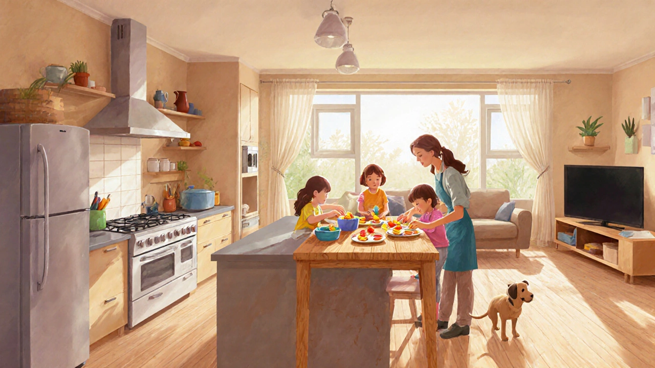 Family cooking breakfast in a bright, spacious kitchen with a dog at their feet.