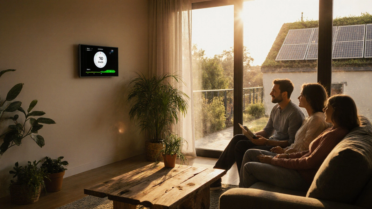 Family in bright living room with indoor plants and visible solar panels.