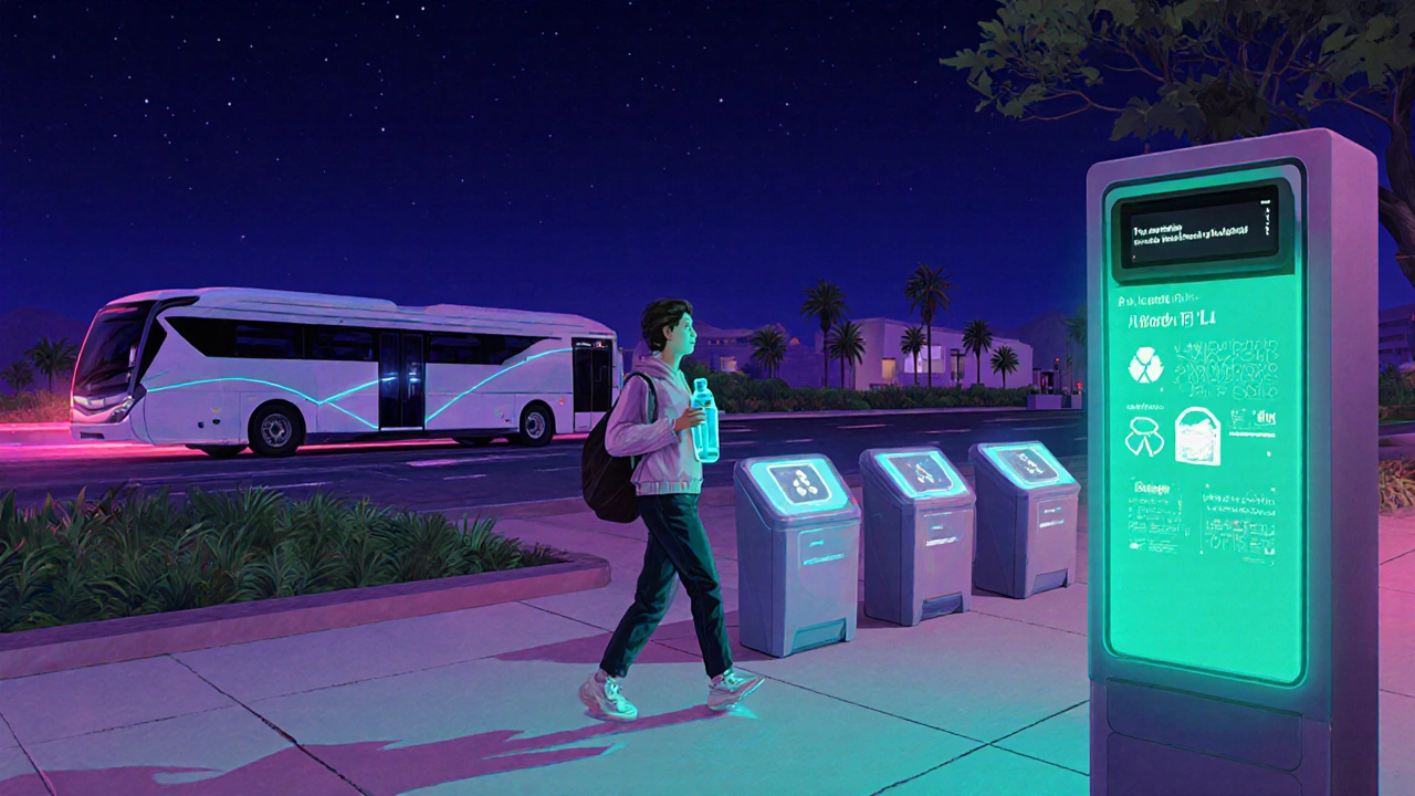 Futuristic view of a traveler near an AI compost monitor and electric bus in a clean city at night.
