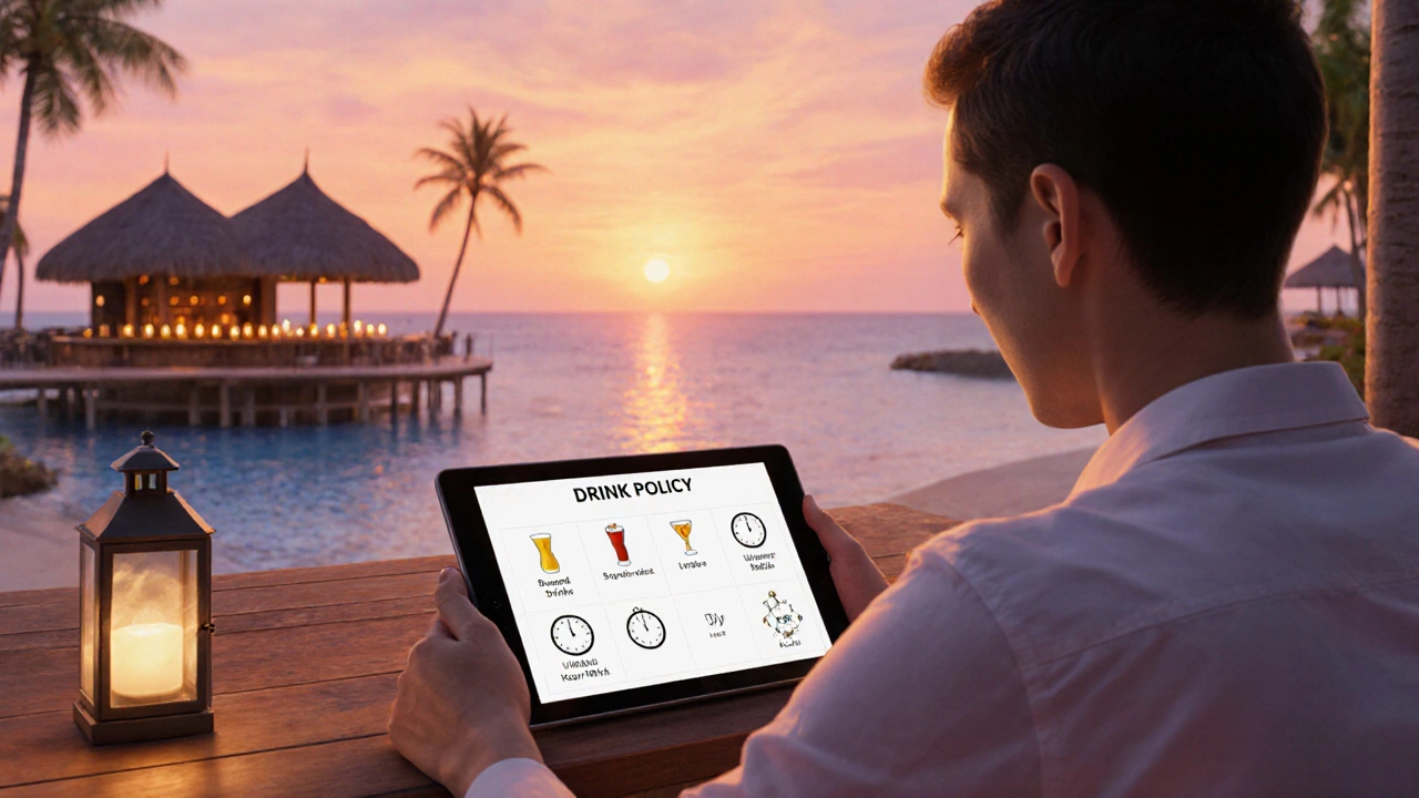 Guest planning drink choices at sunset, with icons indicating limits and happy hour.