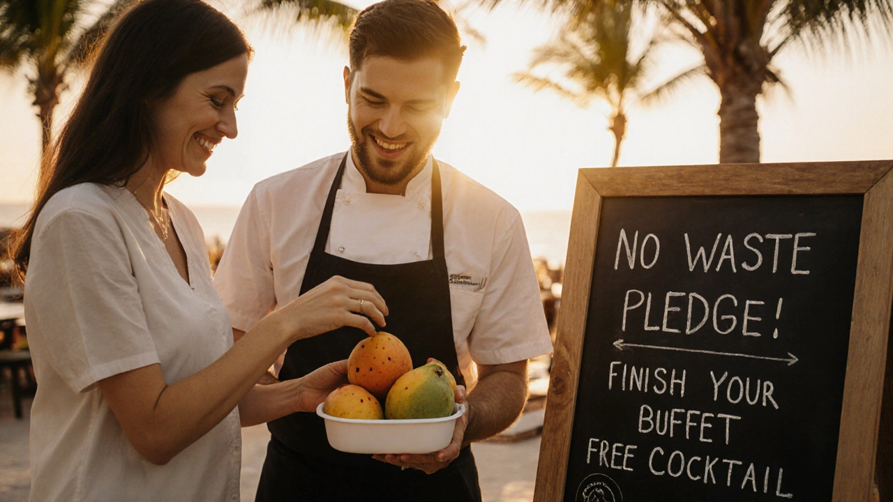 Guest receiving leftover fruit in reusable container from kitchen staff, sustainable signage in background.
