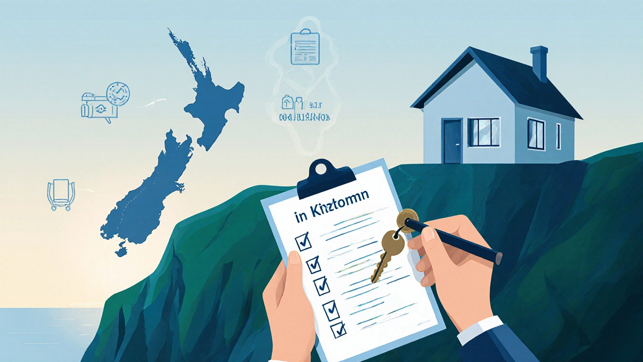 Hand holding keys and checklist beside a NZ coastal rental, with a faded map background.