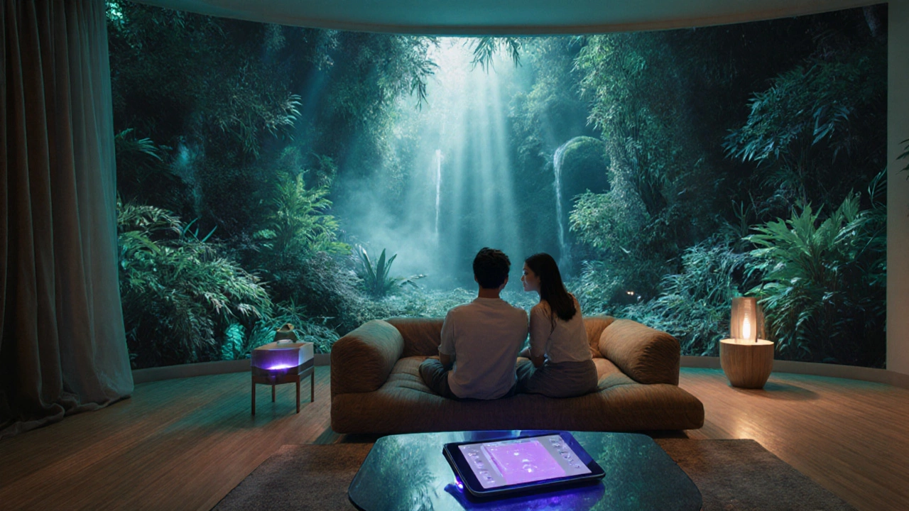 High-tech love hotel suite with VR rainforest walls and smart tablet controls.