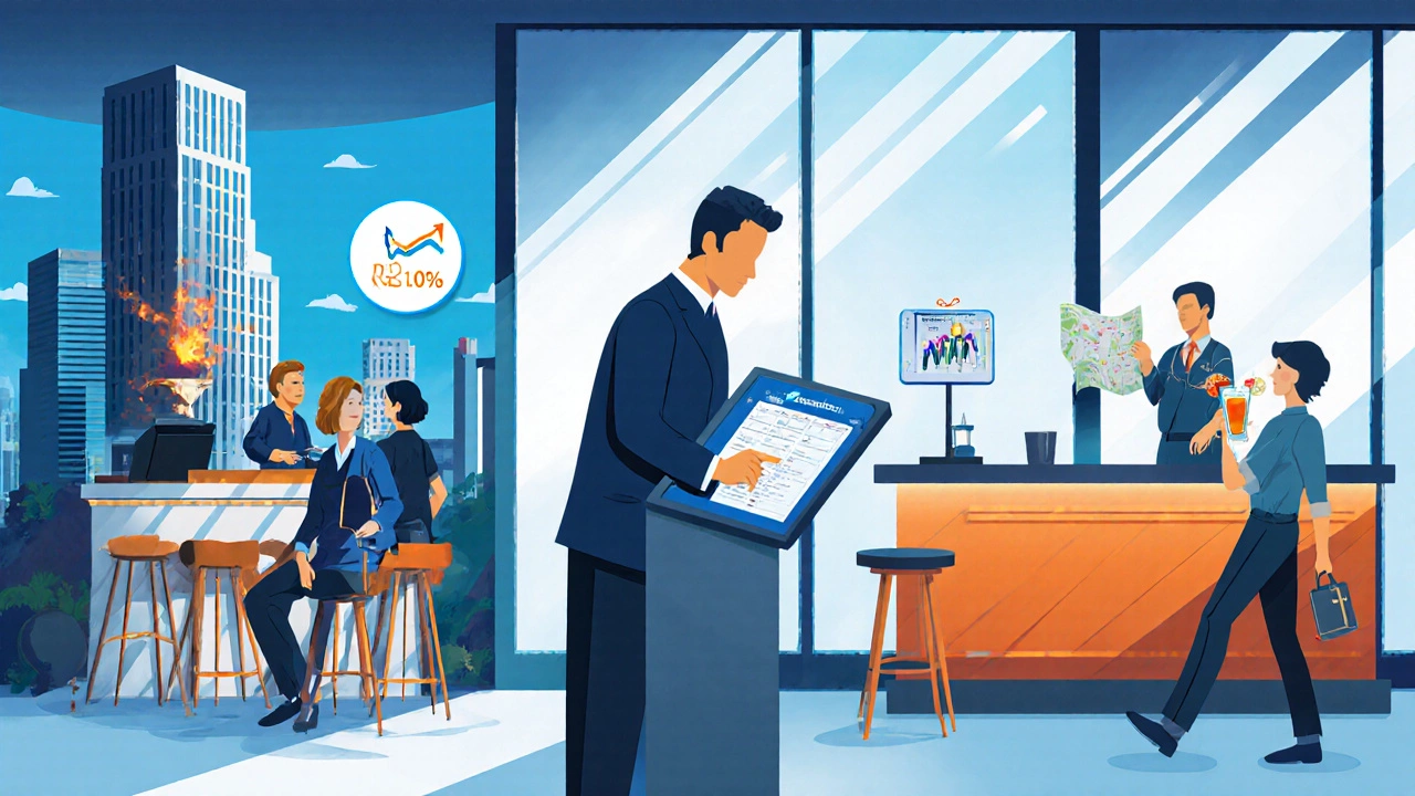 Hotel lobby kiosk with guests, rooftop bar scene, and adventure guide illustrating diverse revenue streams.