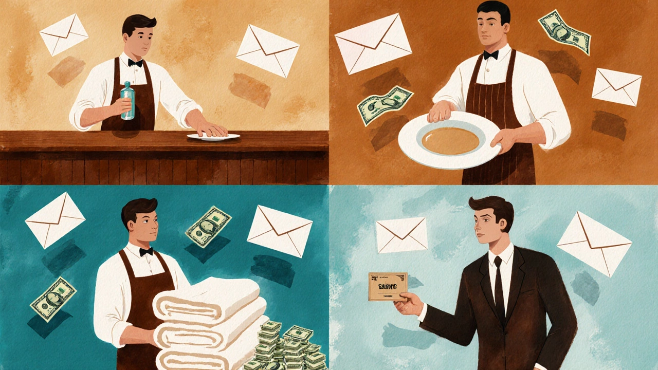Illustration of bartender, server, housekeeper, and concierge with cash tip envelopes.
