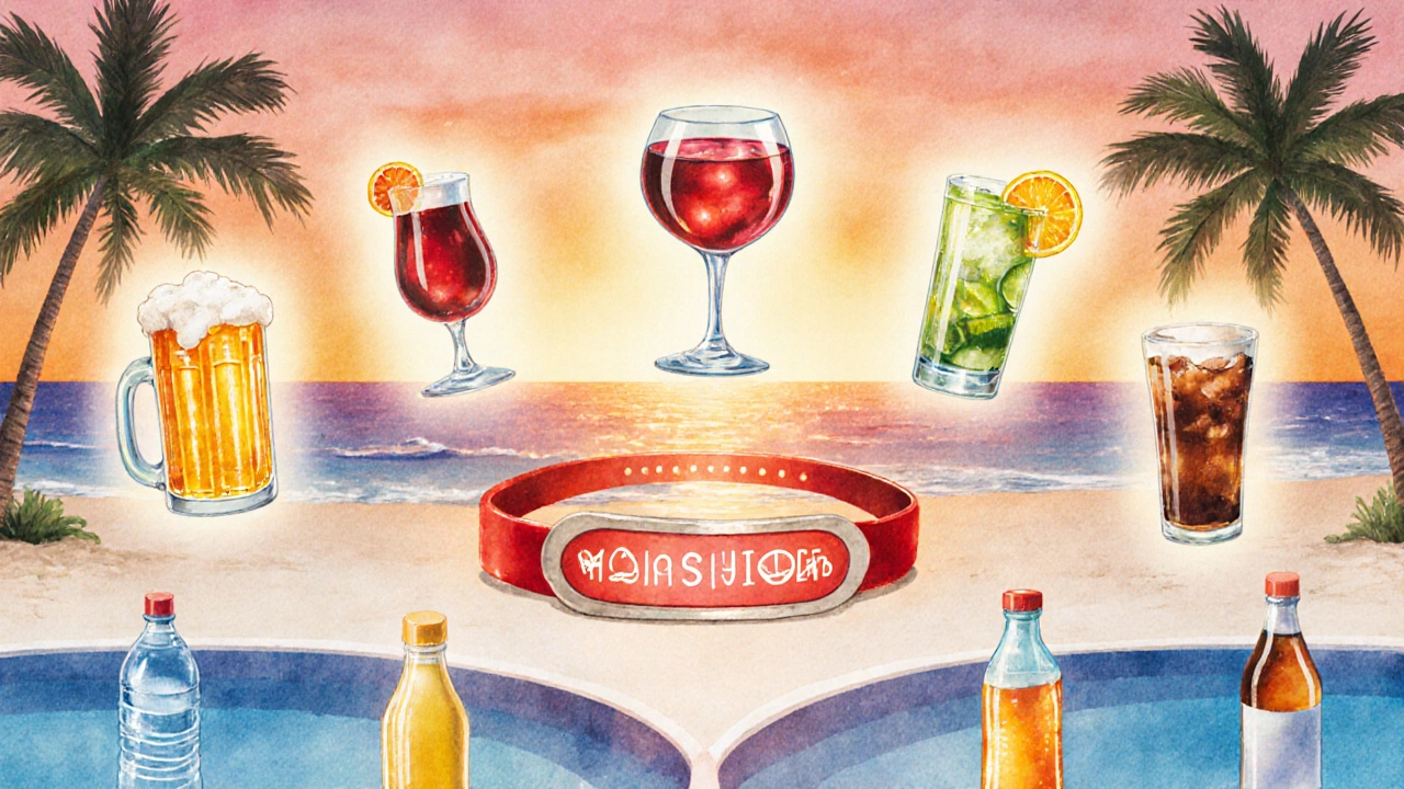 Illustration of six drink credits and unlimited non-alcoholic beverages floating above a wristband during a resort day.