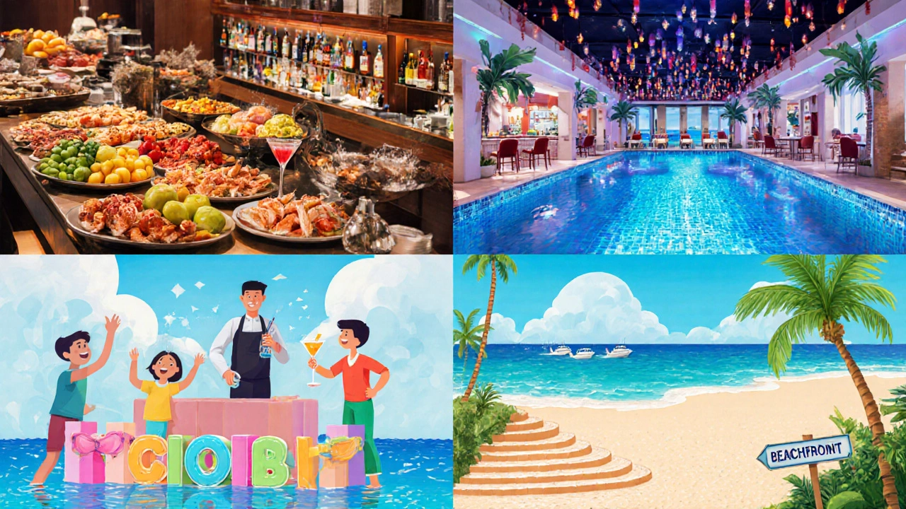 Illustration showing buffet, cocktail bar, water activities, and direct beach access.