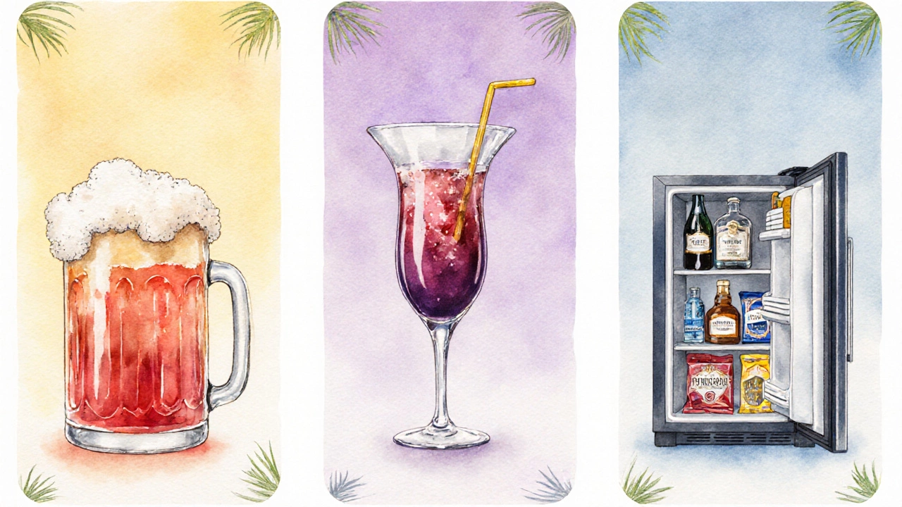 Illustration showing standard, premium, and minibar drink categories at a resort.