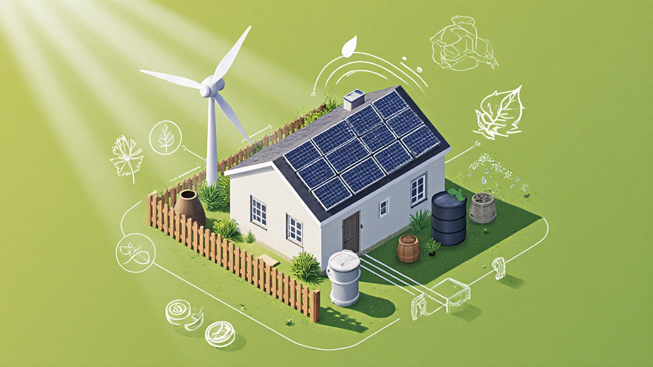 Isometric view of an eco cottage showing solar panels, wind turbine, rain barrels and garden.