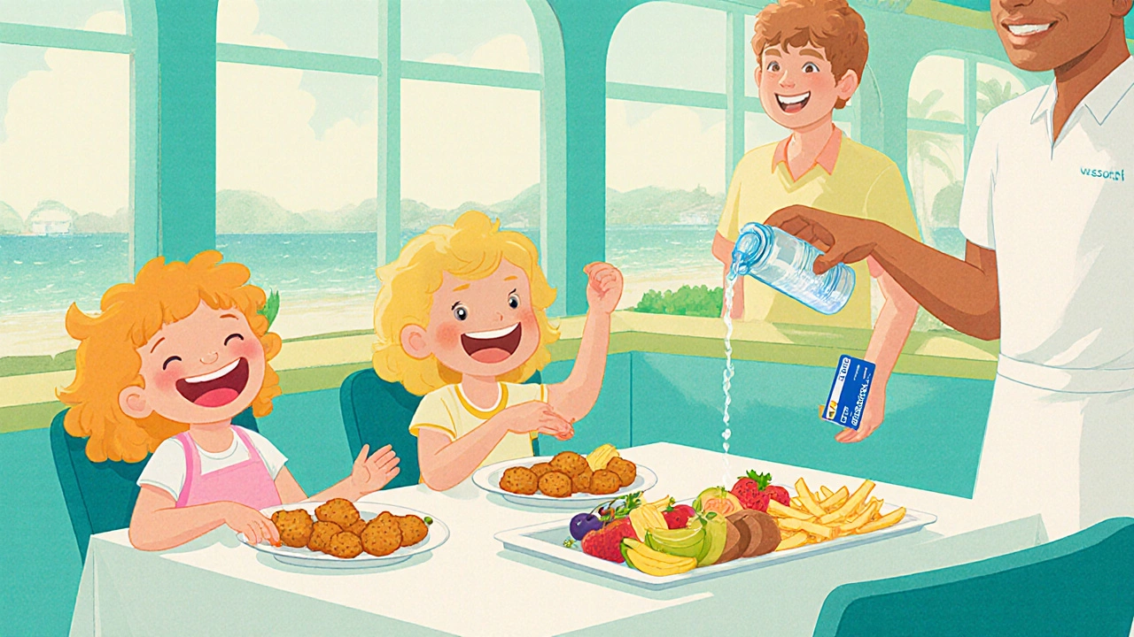 Kids happily eating at a free kids grill with a reusable water bottle.