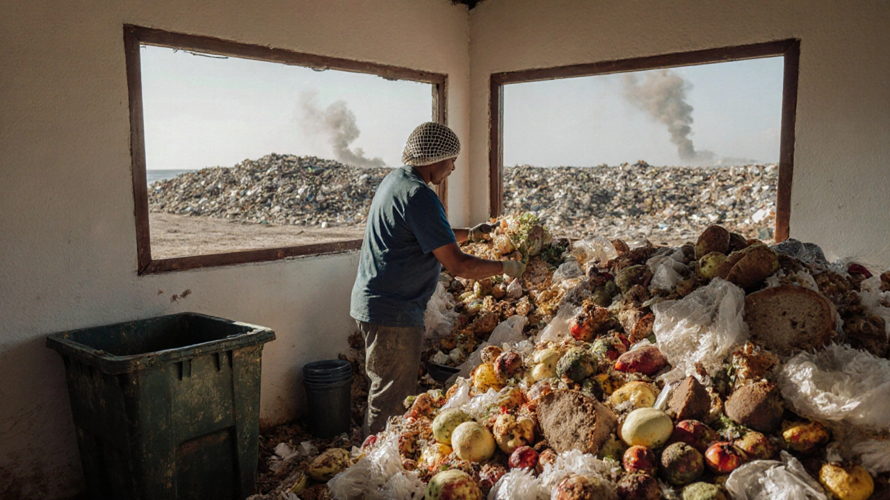Kitchen worker sorting food waste beside an unused compost bin, landfill visible in distance.