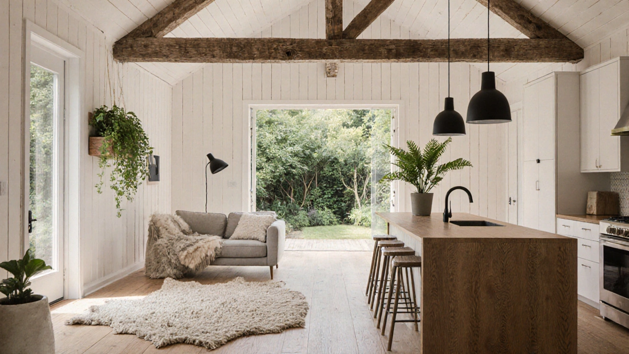 Open‑plan interior with reclaimed wood beams, neutral walls, big window and indoor plants.