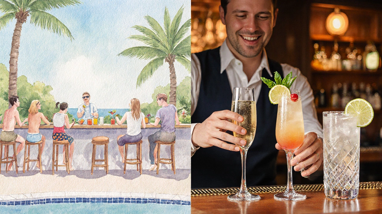 Side‑by‑side watercolor of standard drinks versus premium cocktails at a resort.