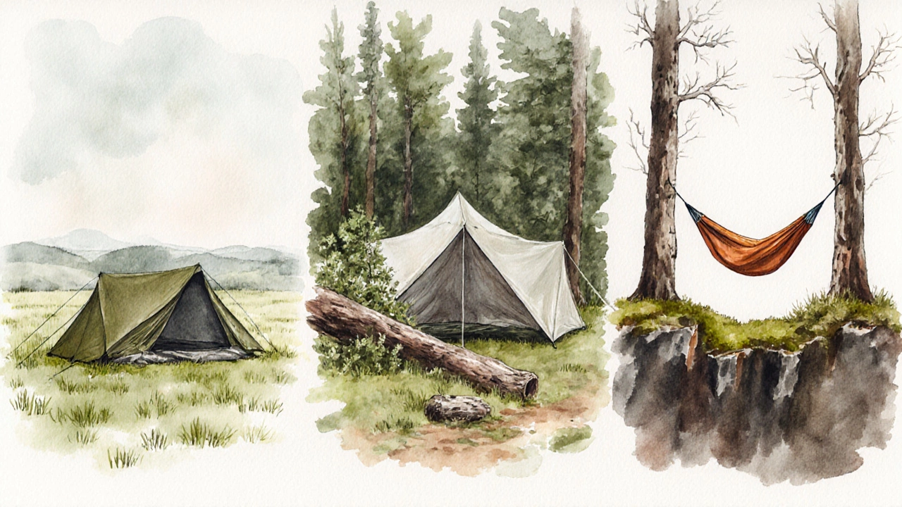 Three low‑profile camping setups—tent, tarp, and hammock—displayed in natural surroundings.