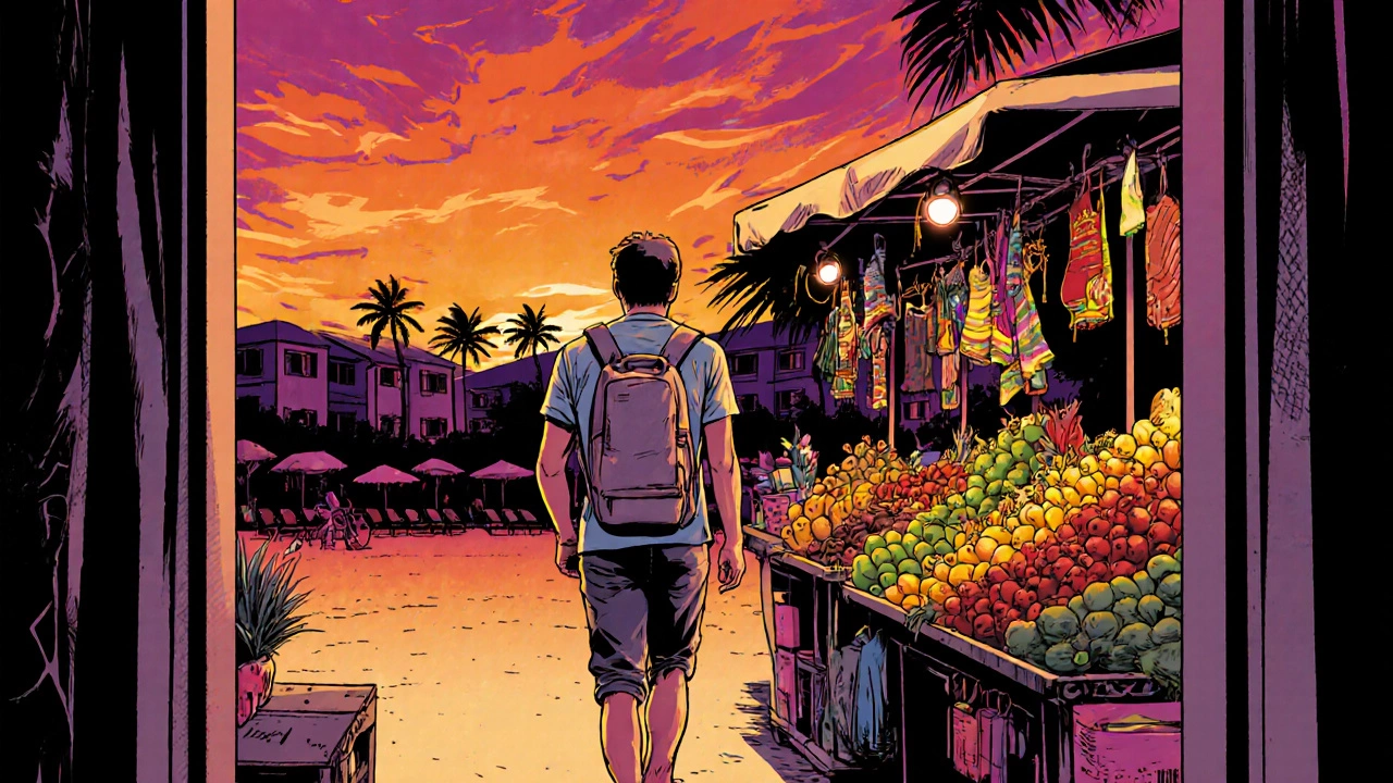 Traveler leaving resort to explore a colorful local market with fresh foods and stalls.