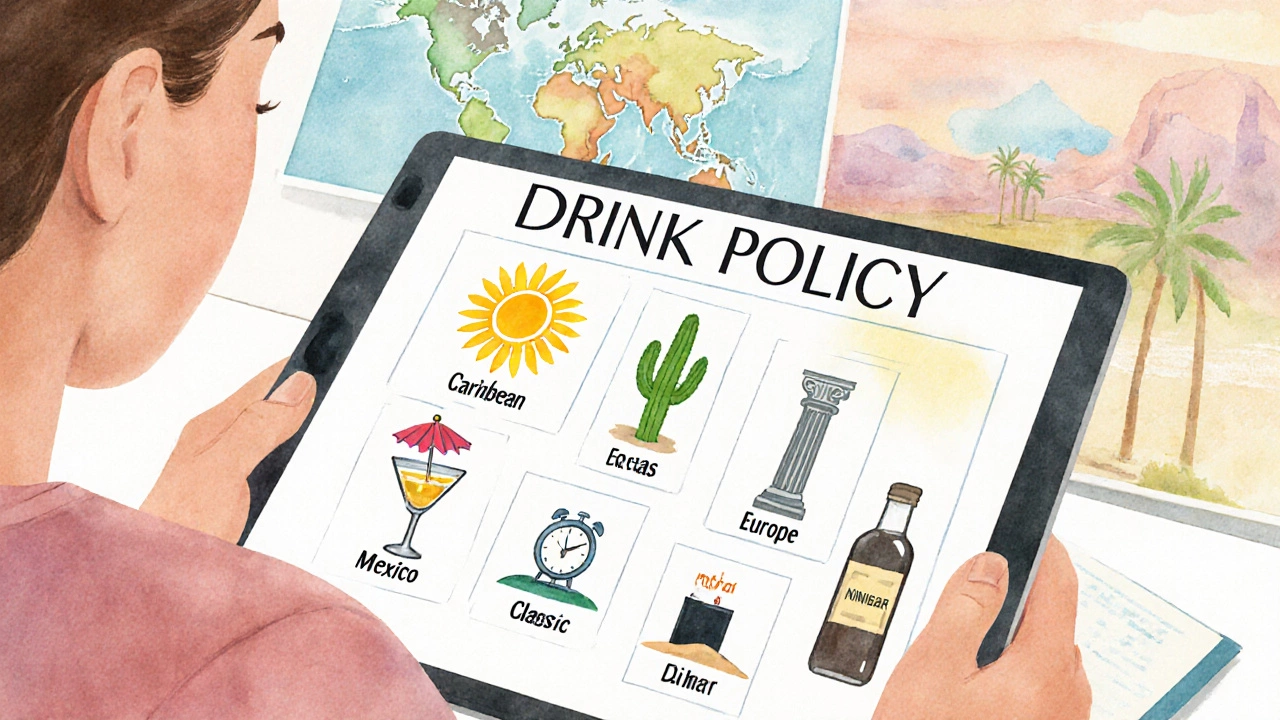Traveler reviewing regional drink policies with map icons and a cocktail, illustrating drink tips.