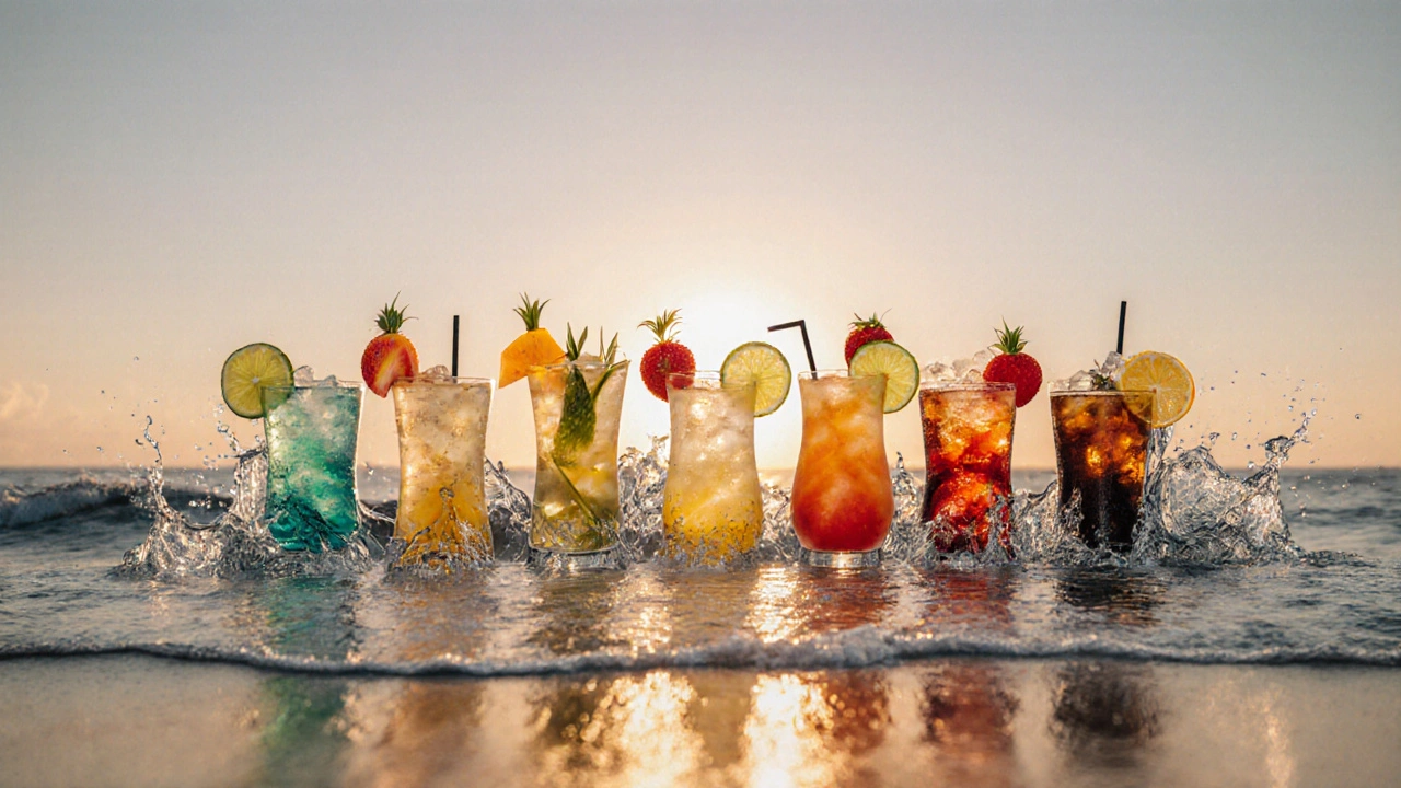 Tropical drinks fading into ocean waves at sunset, representing balanced enjoyment on vacation.