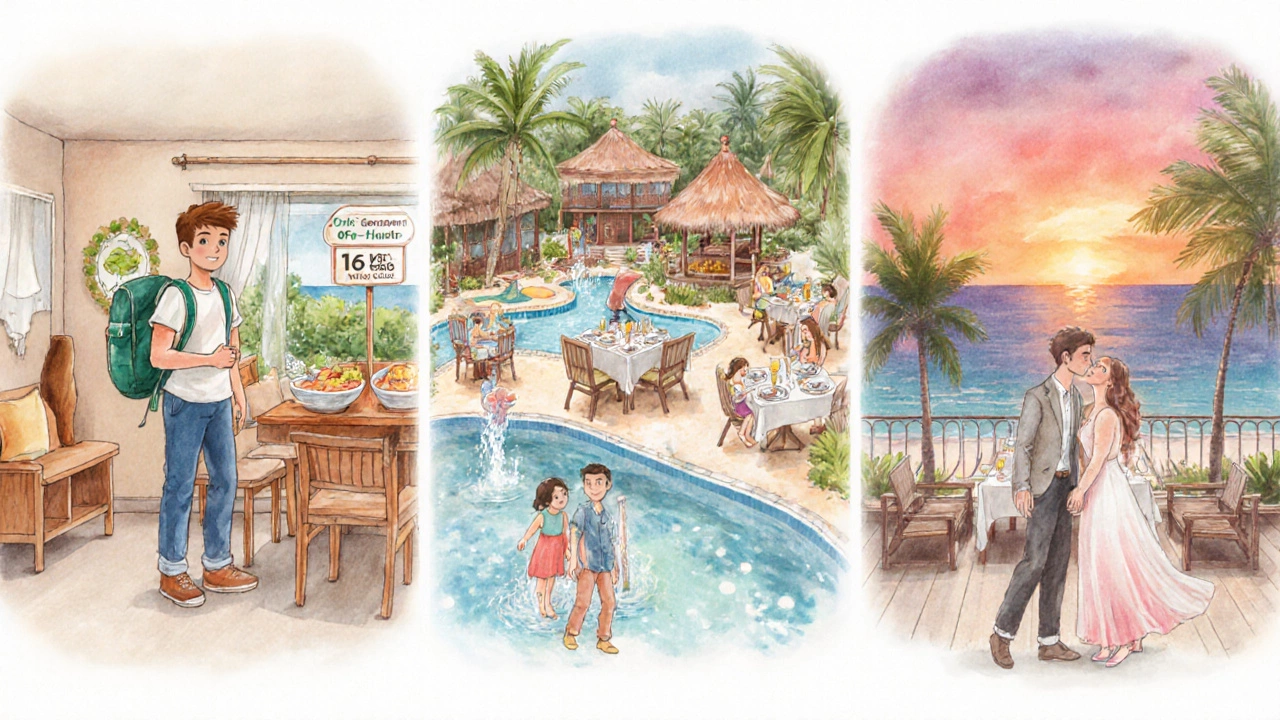 Watercolor scene of budget, family, and romantic resort options for different travelers.