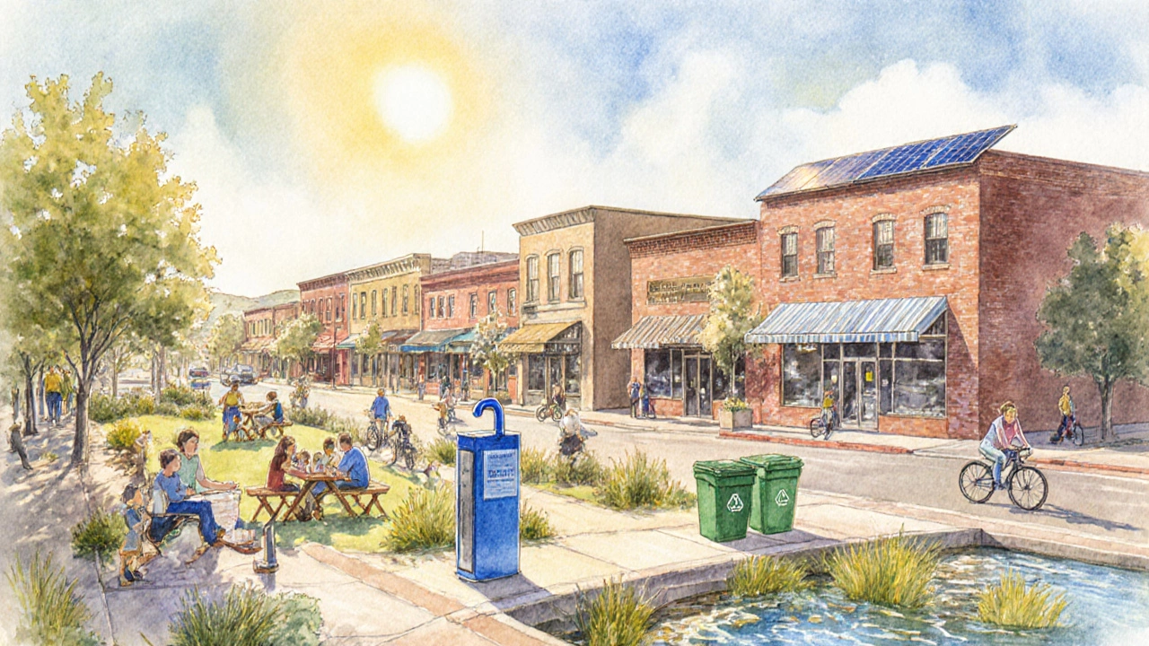 Watercolor scene of San Luis Obispo with solar panels, park, refill station, and cyclists.