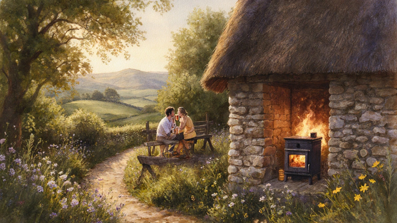A couple enjoys cider on a bench outside a stone cottage in Devon, surrounded by wildflowers.