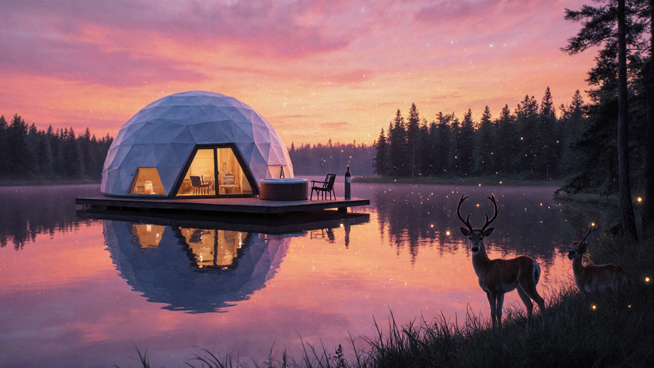 A floating geodesic dome glamping cottage on a lake at sunset, with a hot tub on the deck and deer in the distance.