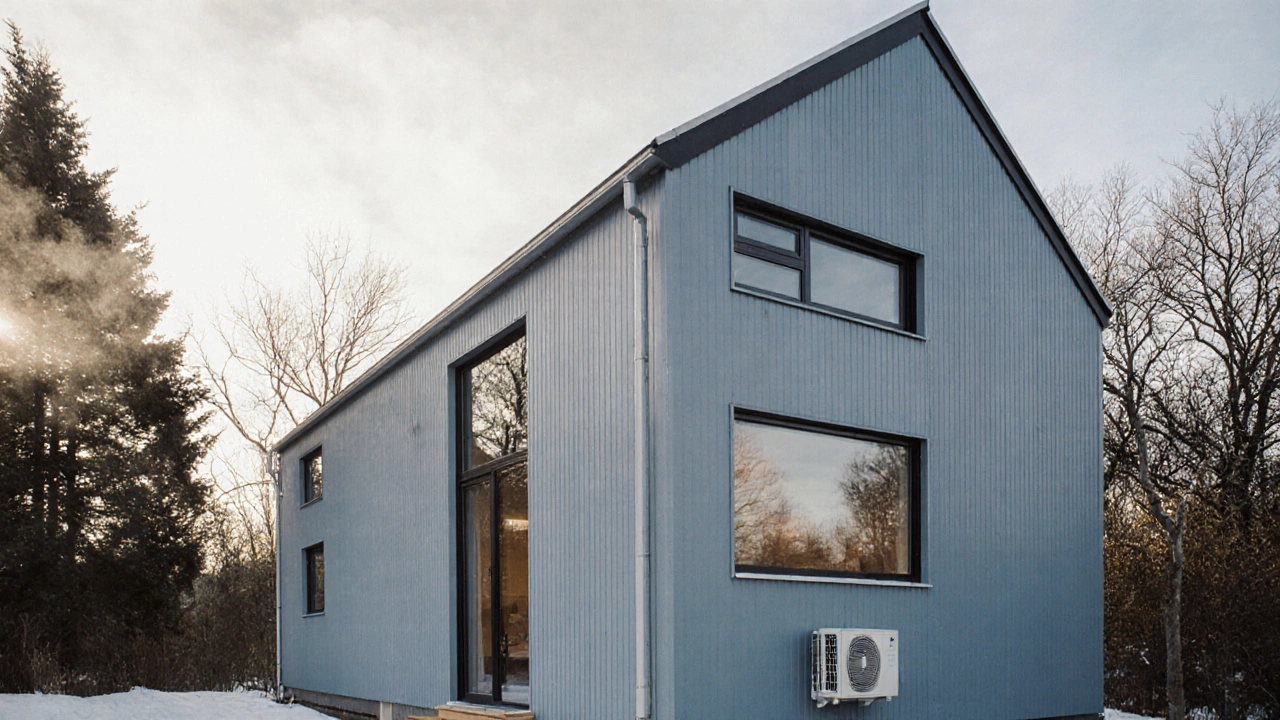 A modern Passive House with large windows and insulated walls in a quiet, tree-lined setting.