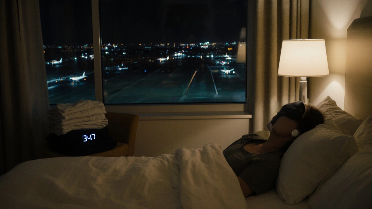 A person sleeps peacefully in an airport hotel room at night, earplugs and sleep mask on, planes landing outside the window.
