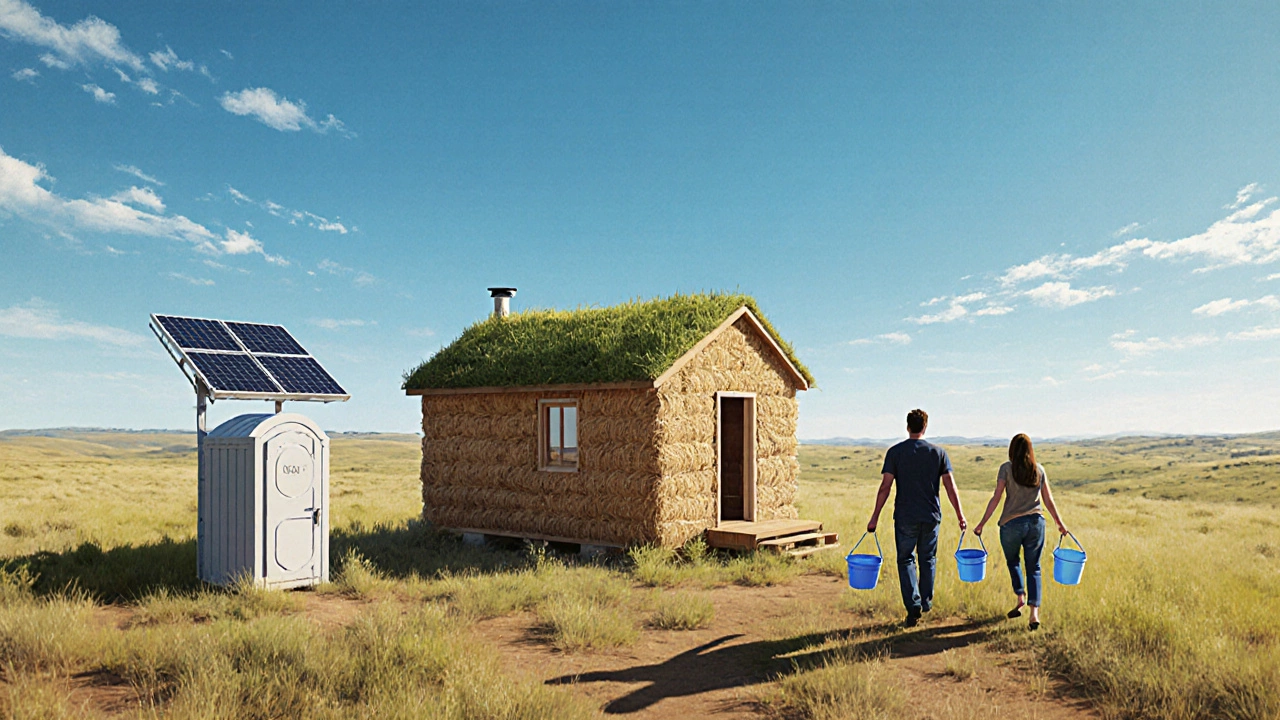 A straw bale cottage with green roof in Texas prairie, surrounded by solar panels and a couple carrying water from a well.