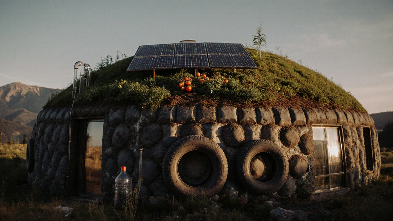 An Earthship home with curved earth walls and rooftop gardens under golden afternoon light.