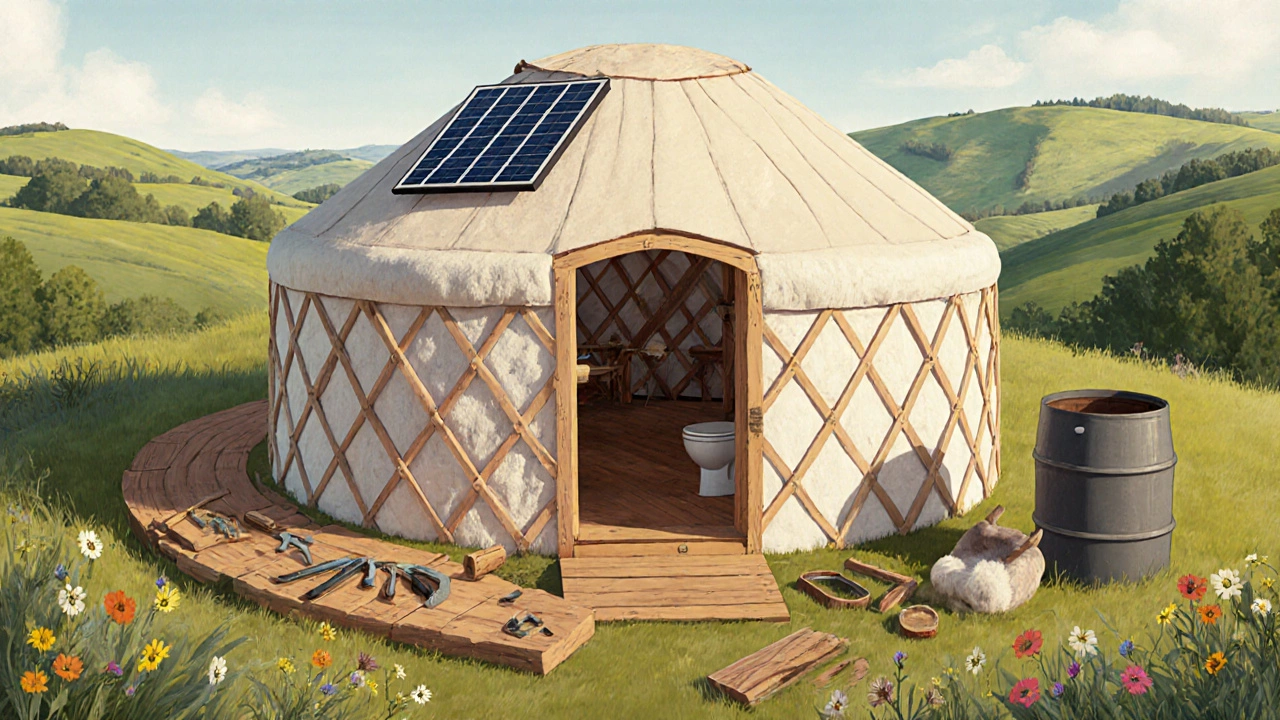 Artisans building a yurt with reclaimed wood and wool felt, solar panel on dome, composting toilet nearby.