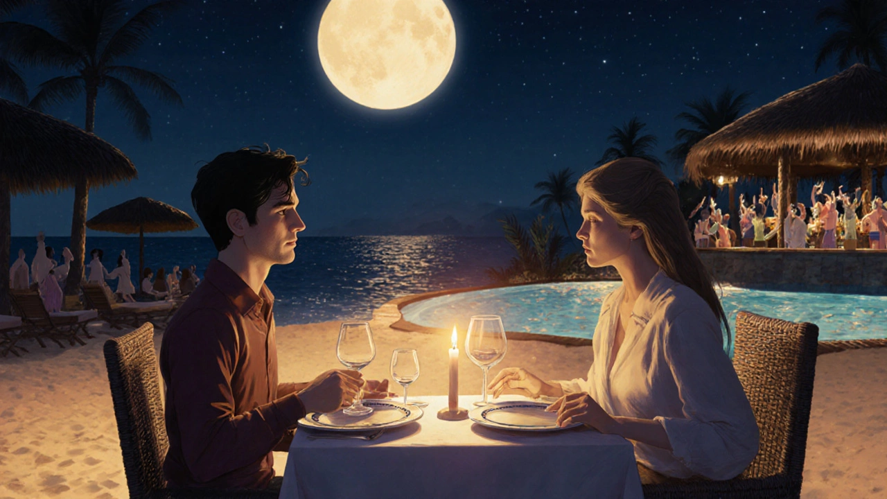 Couple having a romantic dinner on a moonlit beach at a luxury resort.