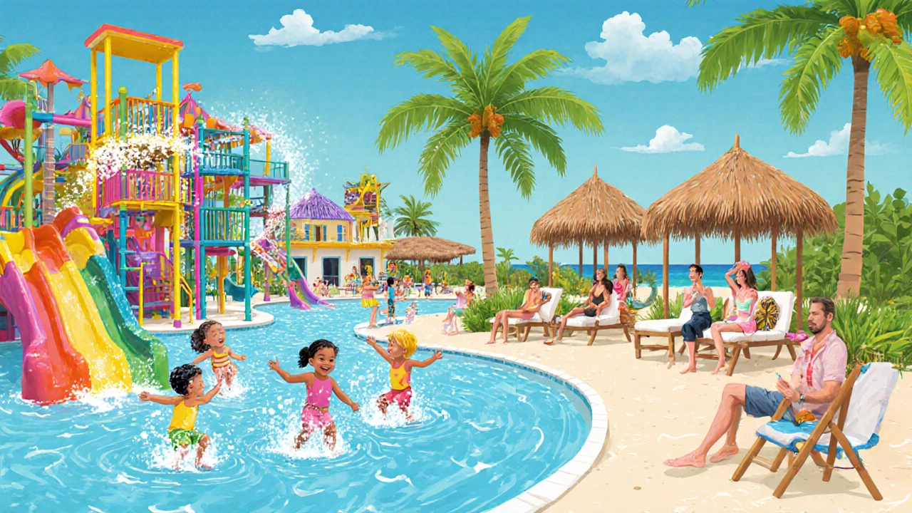 Family enjoying a water park and kids’ club at a vibrant all-inclusive resort.