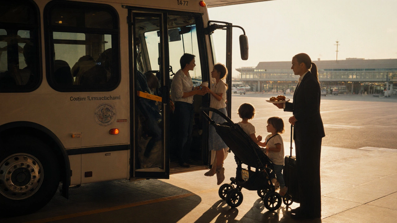 Family exiting shuttle bus at airport hotel at dawn, staff offering breakfast nearby.